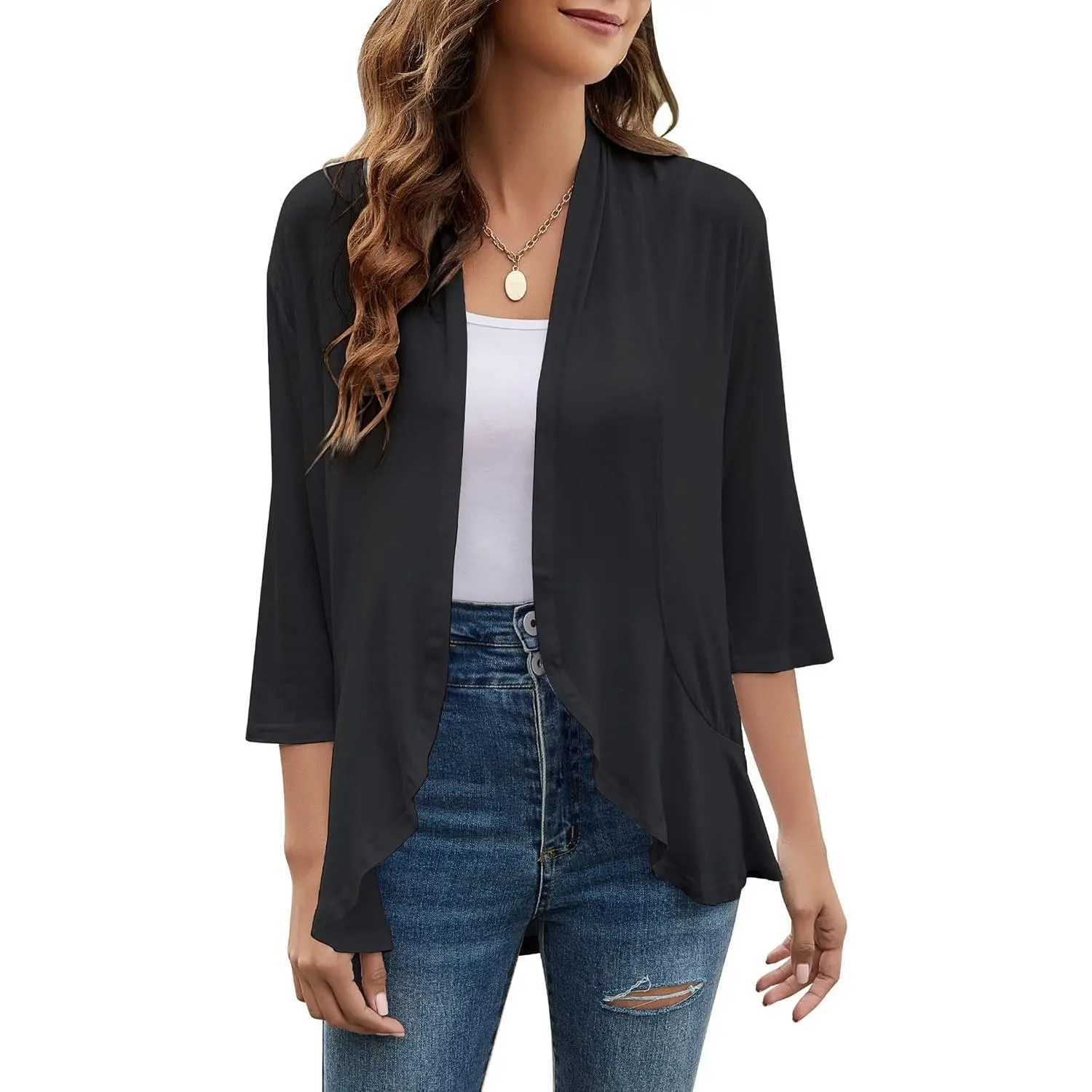 Women Cardigan 3/4 Sleeves Open Front Lightweight Cardigan Draped Ruffles Knit Cardigan