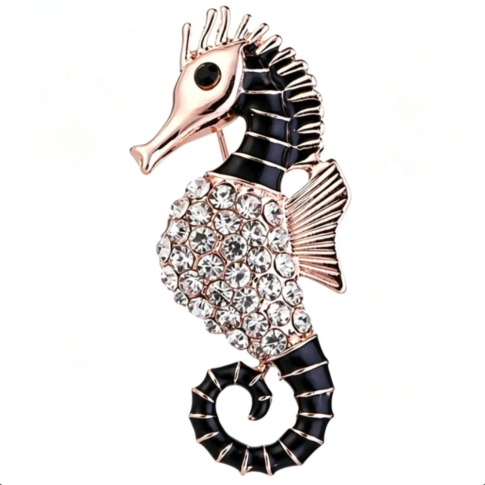 Rose Gold Seahorse Brooch Black Enamel Full Clear Rhinestone Marine Animal Unisex Daily Lapel Pin