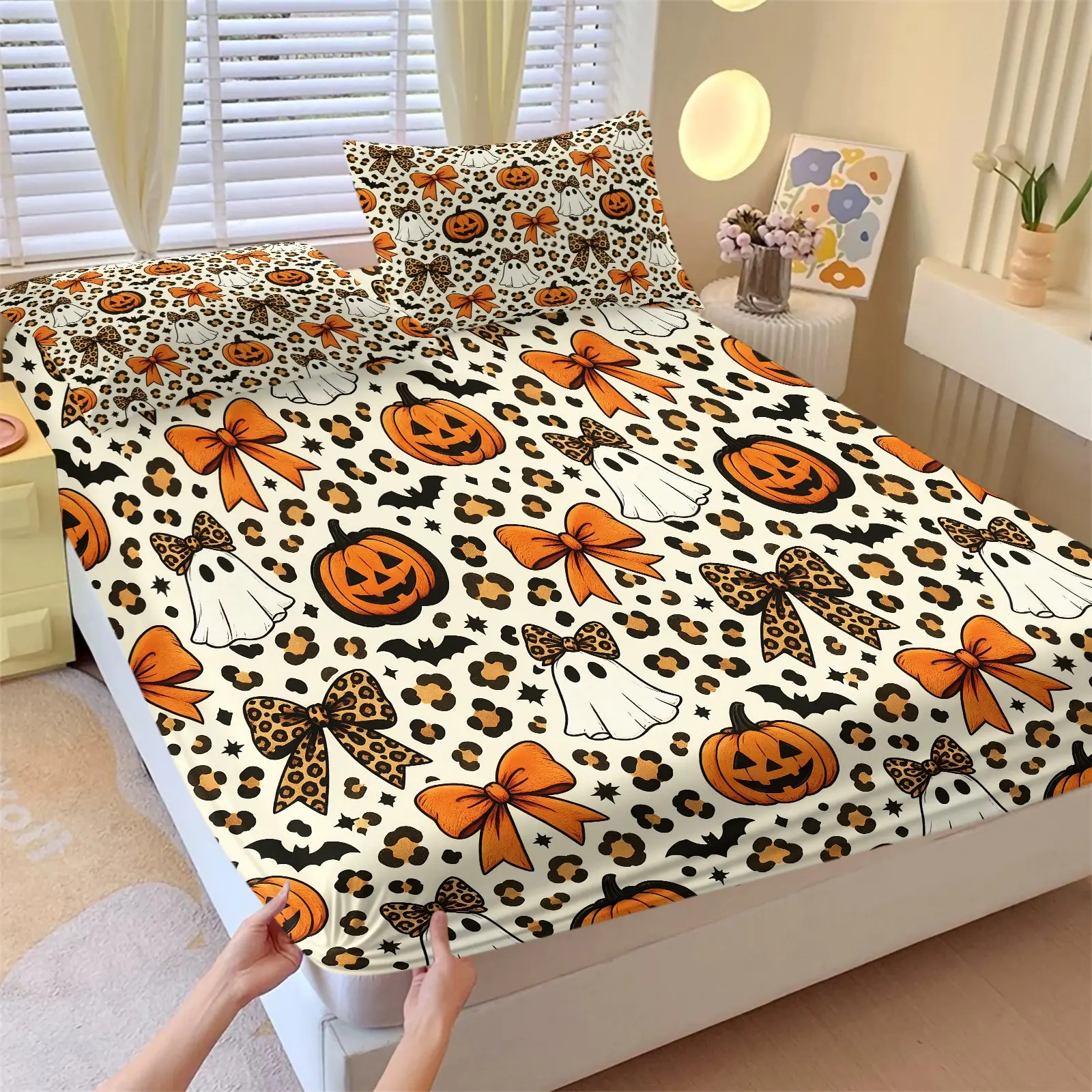 pcs Leopard Bow Pumpkin Ghost Fitted Sheet Set, Includes 1 Fitted Sheet + 2 Pillowcases, Soft Comfortable Breathable Microfiber, Cute Coquette Halloween Style Bedding, Trendy Bedroom Decor, Lovely Gift for Girls and Kids, Bed Sheet Sets
