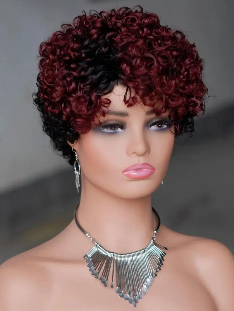 6inch Short Curly Wigs T1B/99J None Lace Front Human Hair Wigs with Bangs 180% Density Machine Made Pixie Cut Curly Wave Wig