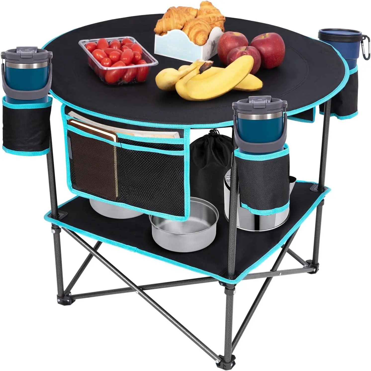 2-Tiered Portable Foldable Picnic Table - Lightweight Outdoor Table with 4-Cup Holders, Carry Bag, Easy Setup for Camping, Beach Backyard, Picnic Tables
