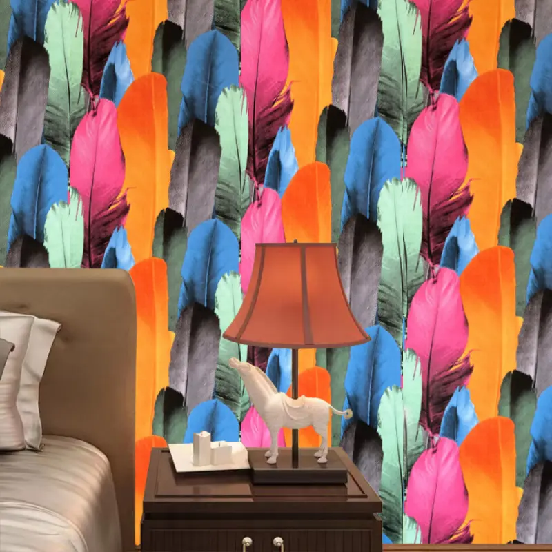 French-style colorful feather fabric self-adhesive wallpaper for bedroom, sofa background, hotel, corridor, office, PVC self-adhesive wallpaper