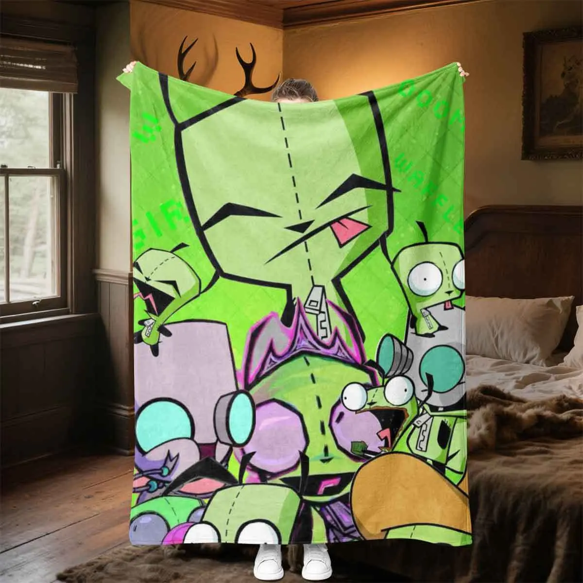 Intruder Zim GIR & Alien Squad Traditional Borderless Full Print Classic Cotton Plush Blanket - 40 – 56 In, Soft, Comfortable, Wrinkle Resistant, Cooling, Breathable, Durable All-Seasons Bedding for Adults, Holiday Gift 0057