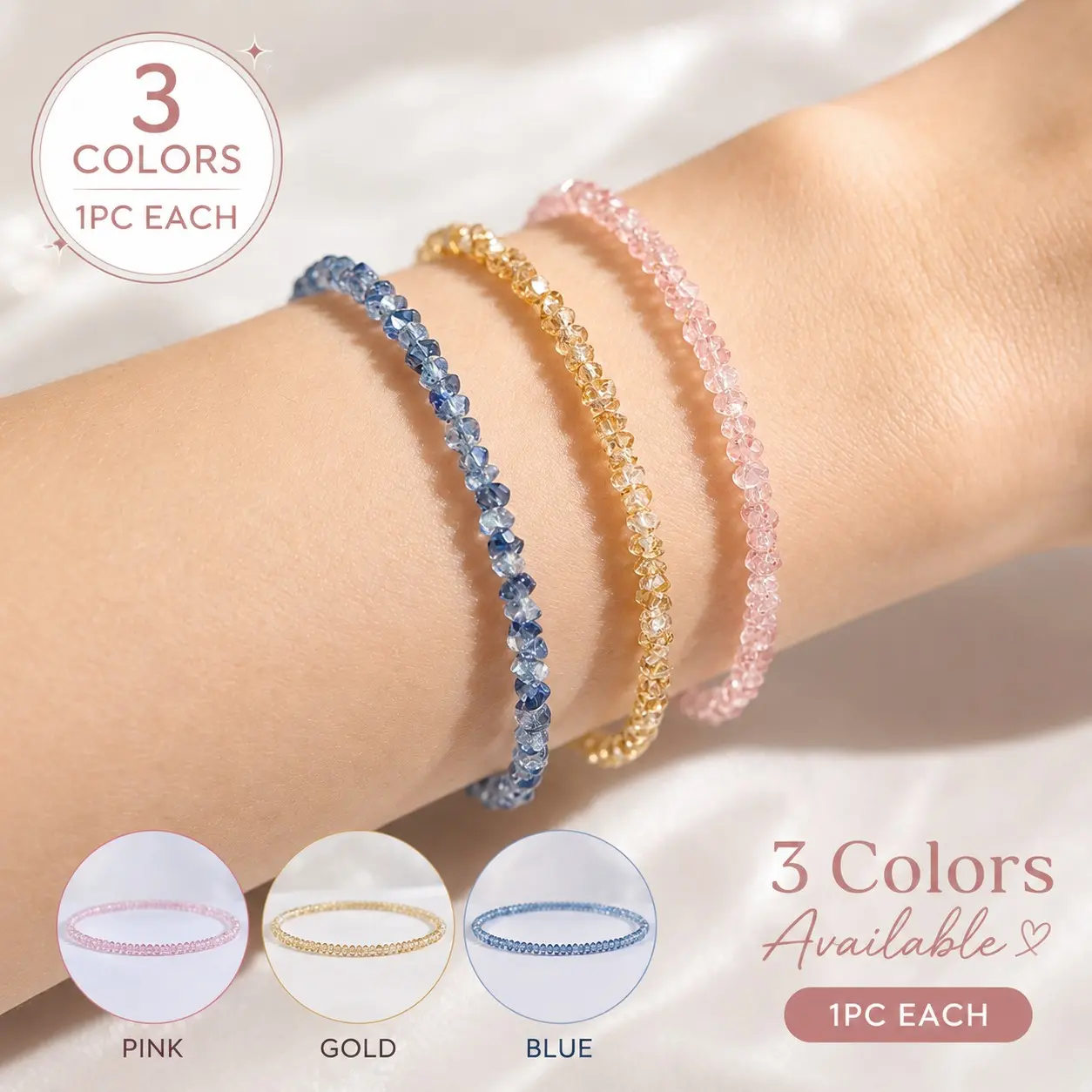 Women's Natural Crystal Bracelet, Super Shiny Faceted Bead Bracelet, Elastic Beaded Wristband, Available in 3 Colors