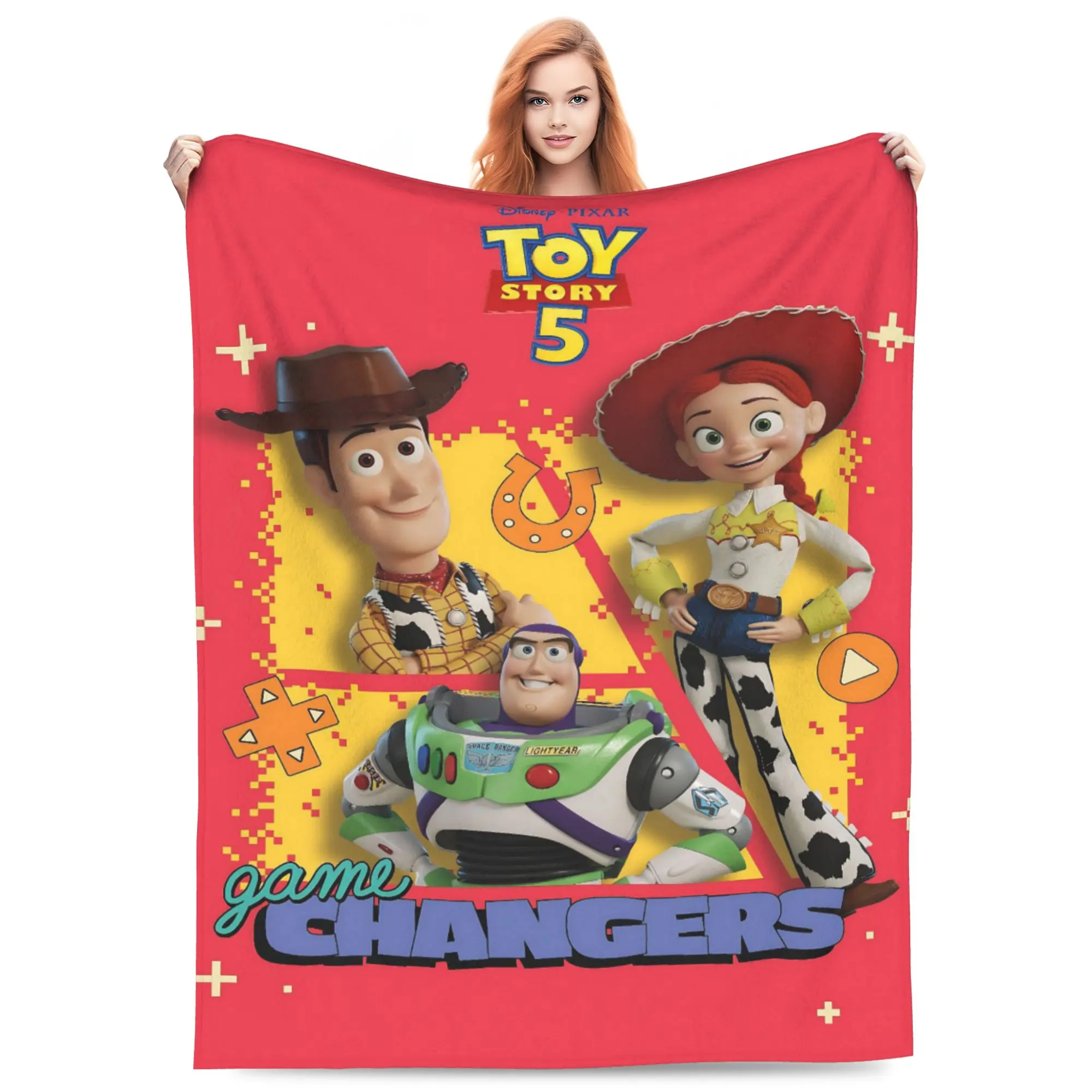 DISNEY CLASSIC Toy Story 5 Game Changers Throw Blanket, Woody Buzz Lightyear Jessie Red Pixel Game Pattern Cartoon Print Flannel Fleece Blanket Soft Cozy Blanket for Sofa Bed Gift for Kids Toy Story Fans
