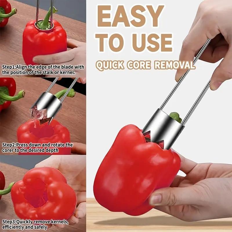 Stainless Steel Fruit & Vegetable Corer, Bell Pepper Seed Remover, Universal Kitchen Gadget for Apple Pear Tomato Chili, Durable Easy Use