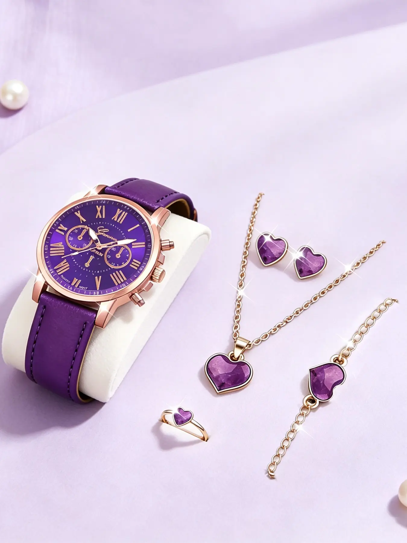 6-Piece Set Women's Elegant Leather Quartz Watch and Heart Jewelry, Accessory Set, Daily Wear, Couple Watches, Holiday Gift