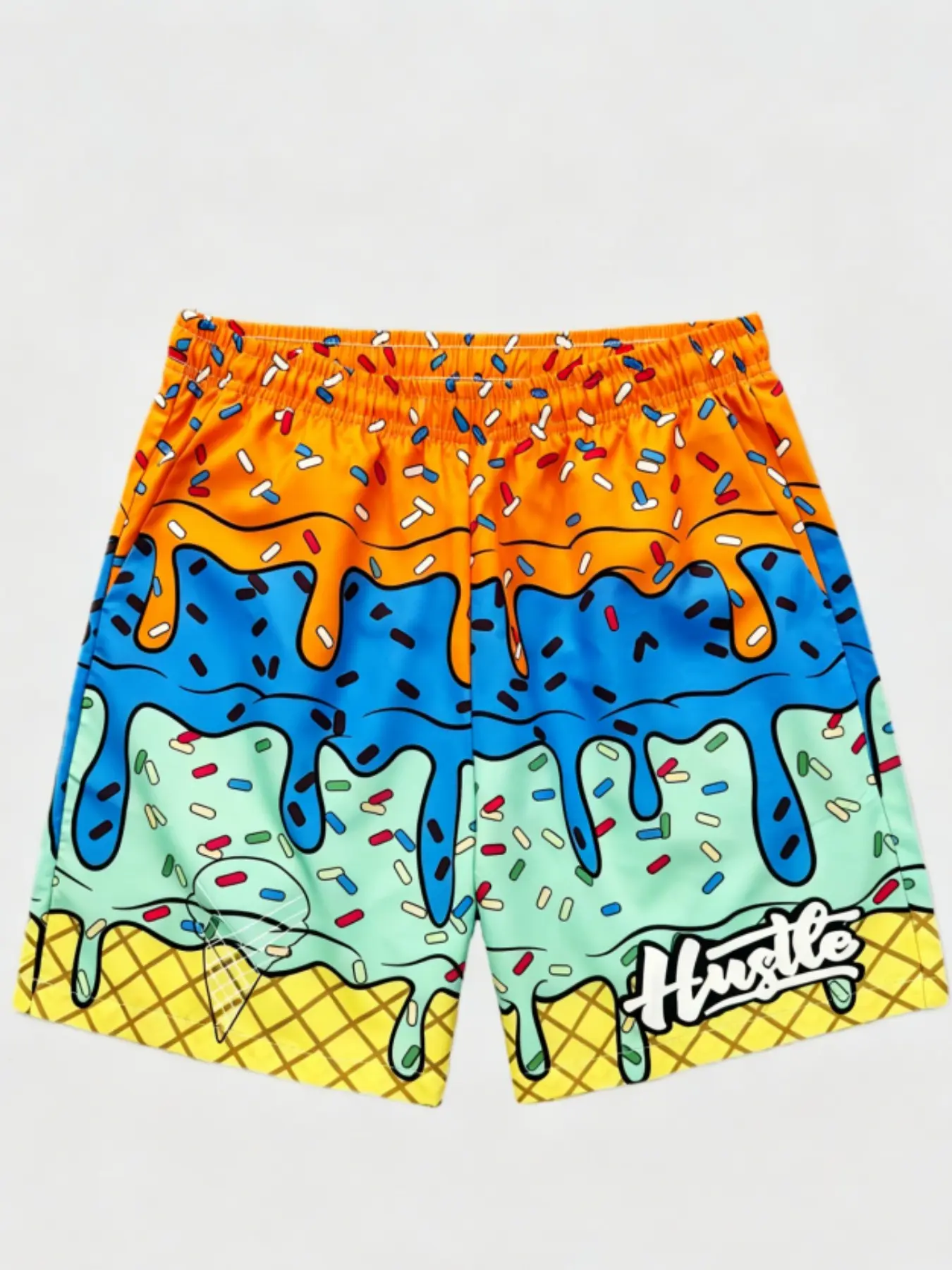 Ice Cream Print Swim Trunks, Boys' Quick-Dry Beach Shorts, Fun Sugar Sprinkle Pattern, Elastic Waist, Summer Swimsuit, Kids & Teens