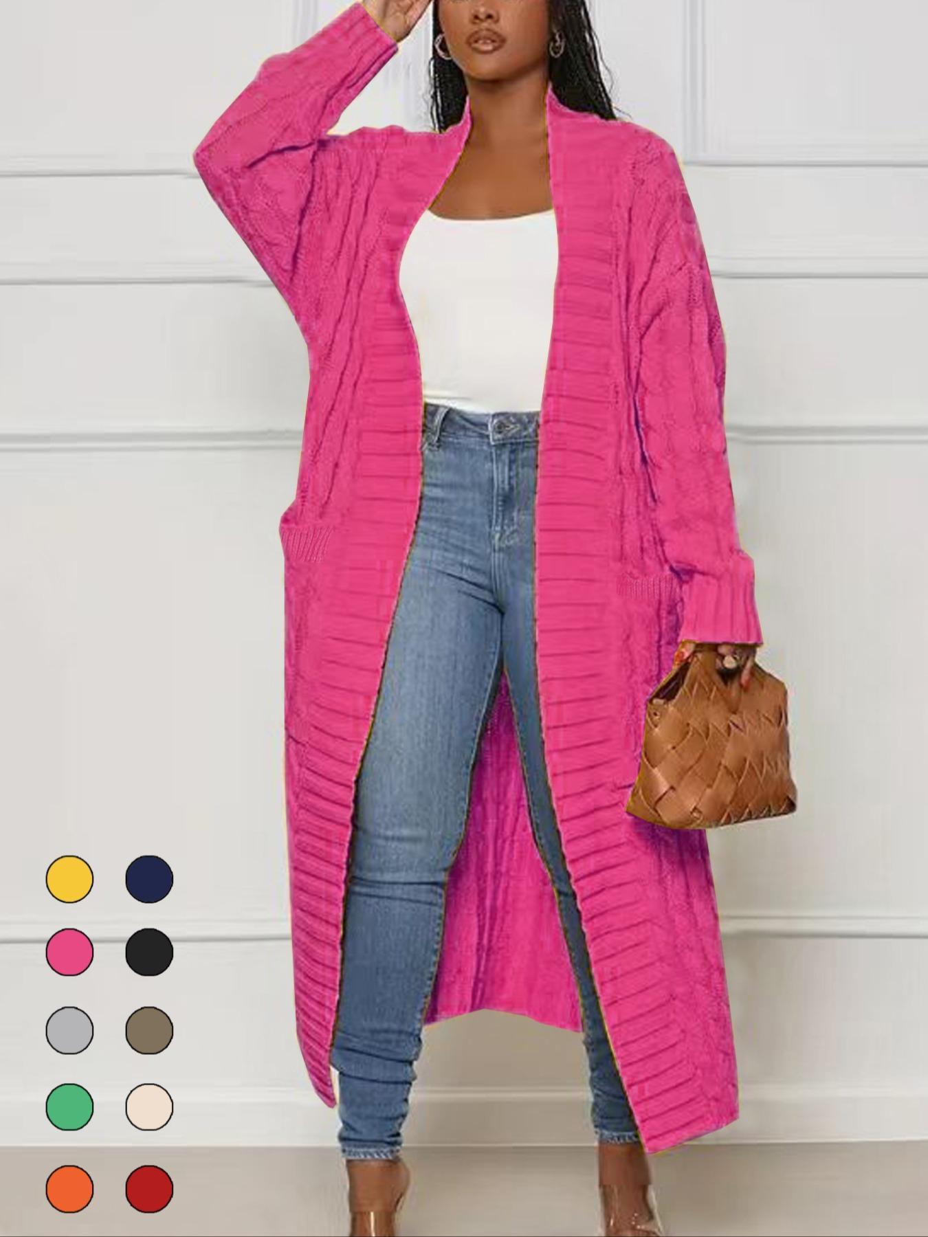 Women's Solid Color Textured Drop Shoulder Pocket Longline Cardigan, Casual Open Front Knitwear for Fall & Winter, Women's Knit Clothing for Daily Wear, Sweaters for Women