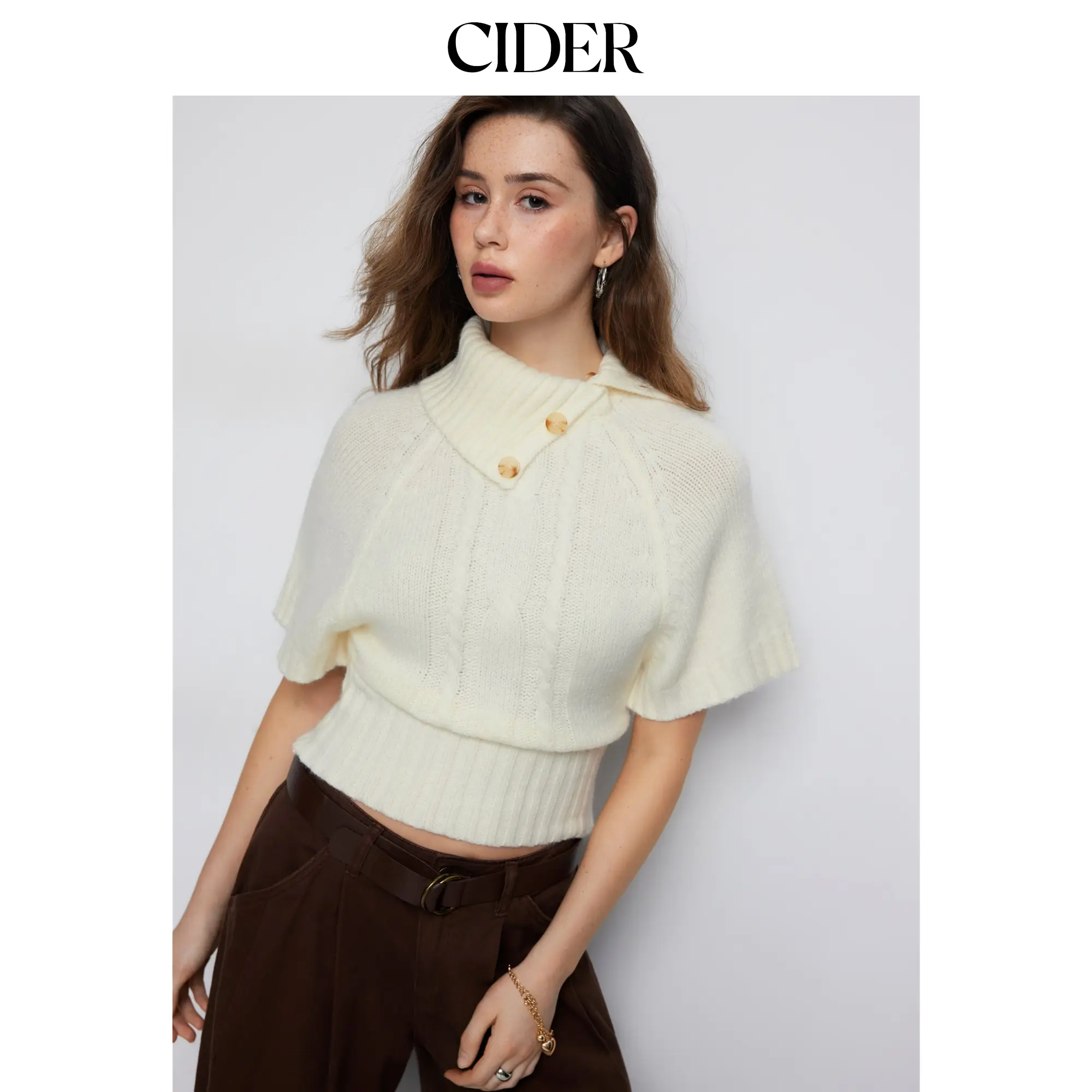 Cider Cable Knit Turtleneck Button Detail Short Sleeve Top