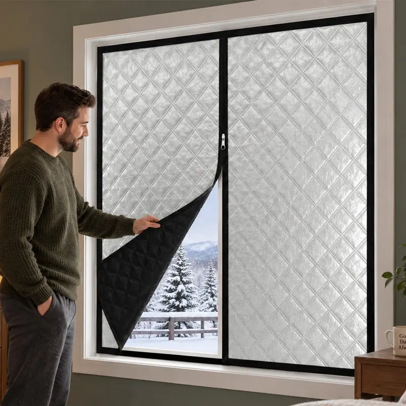 Winter Windproof Thermal Blackout Window Curtain, Thickened Insulated Cold-Blocking Window Cover with Zipper Opening, Self-Adhesive No-Drill Installation, Draft & Noise Reduction for Bedroom and Living Room, Thermal Blackout Curtains