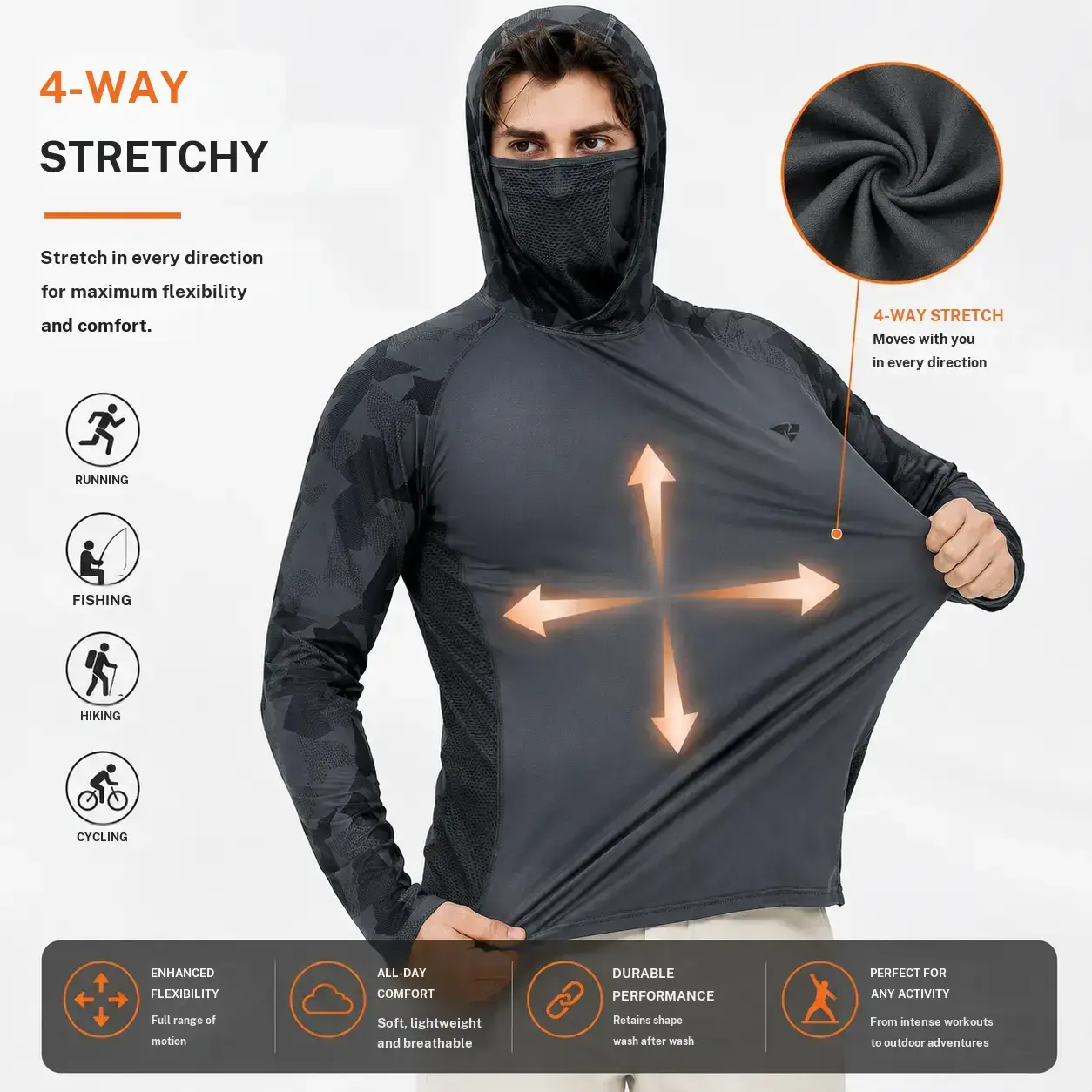 【RODEEL】915 Sun Hoodie Shirts w/ Mask Neck Gaiter Men UPF 50+ UV Protection Long Sleeve Lightweight Quick Dry Moisture Wicking Breathable Athletic Activewear for Outdoor Fishing Boating Hiking Construction Roofing Landscaping SummerWins