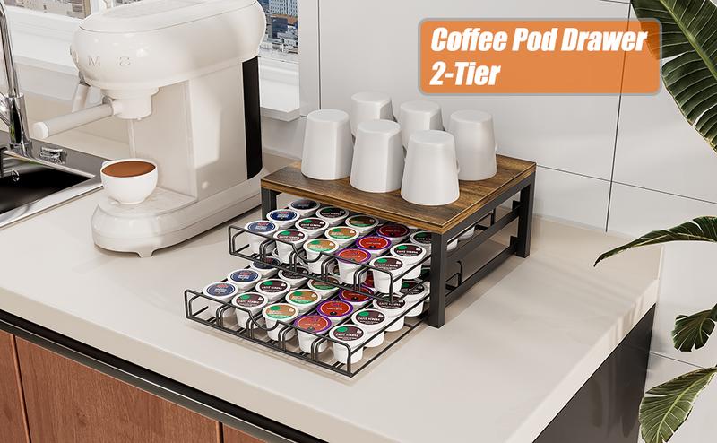 Coffee Pod Holder Drawer 1 Tier 2 Tier for K Cup Capsule Pods Storage Organizer Under Coffee Pot Storage Sliding Drawer Shelf