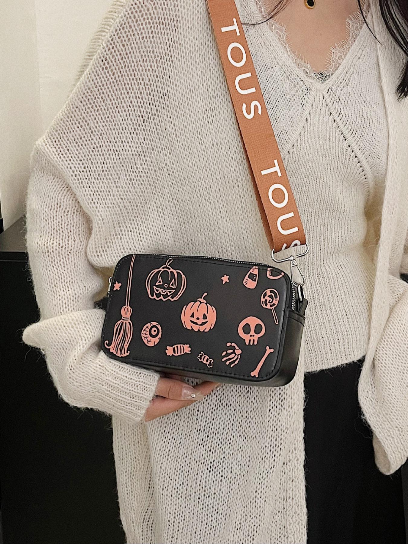 Skeleton & Pumpkin Pattern Crossbody Bag, Fashionable PU Leather Zipper Shoulder Bag for Women, Casual Trendy Versatile High-quality Daily Commuting Bag As Halloween Gift
