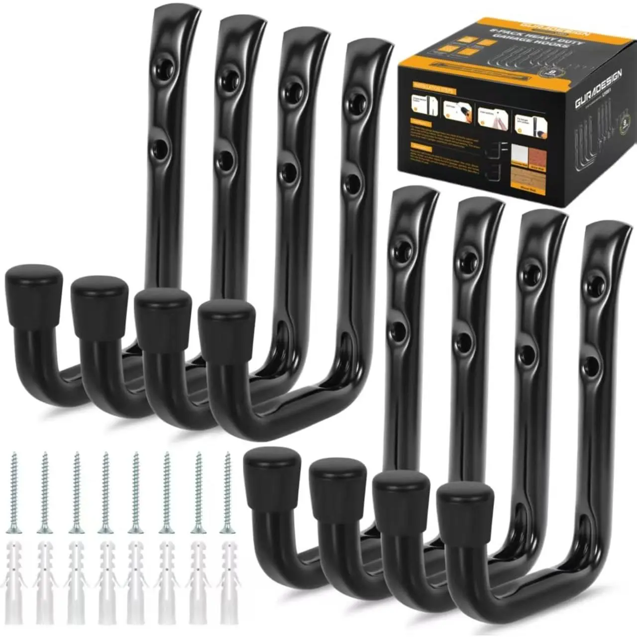 8-Pack Heavy Duty Garage Hook for  50 lbs, J Utility Hooks for Garage, Metal Wall Hooks Heavy Duty, Garage Hook for , Black | Heavy Duty