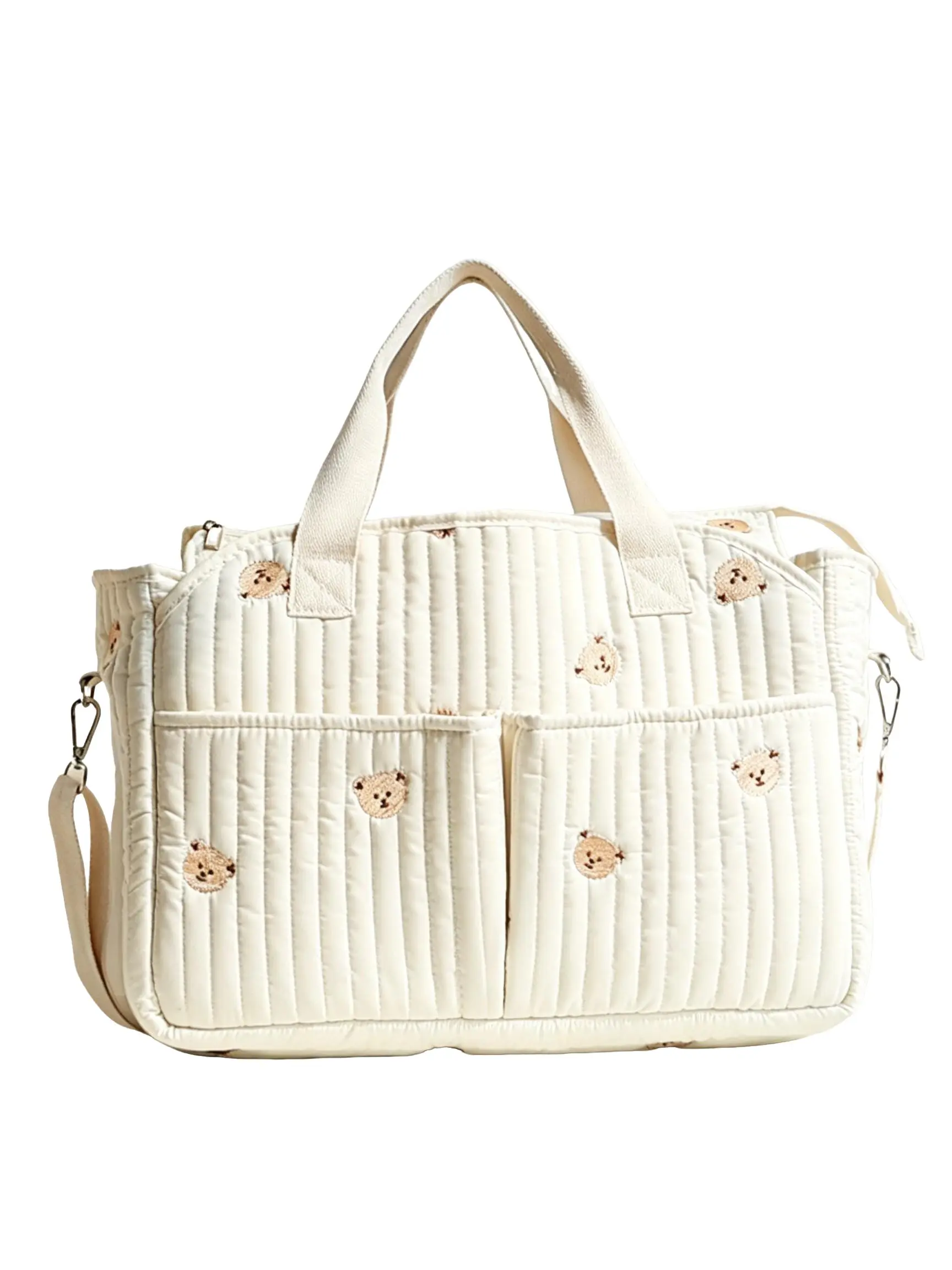 Embroidery Quilted Mommy Tote Bag, Cute Floral Bear Pattern, Multi Pockets, Large Capacity, Detachable Strap, Waterproof Diaper Bag, Mummy Bag
