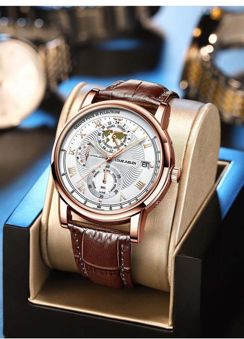 Men's Navigator high-end fashion watch: Swiss original movement, 42mm dial, leather strap, stainless steel case, waterproof luminous function, scratch and knock resistant, suitable for parties, business meetings, casual wear.