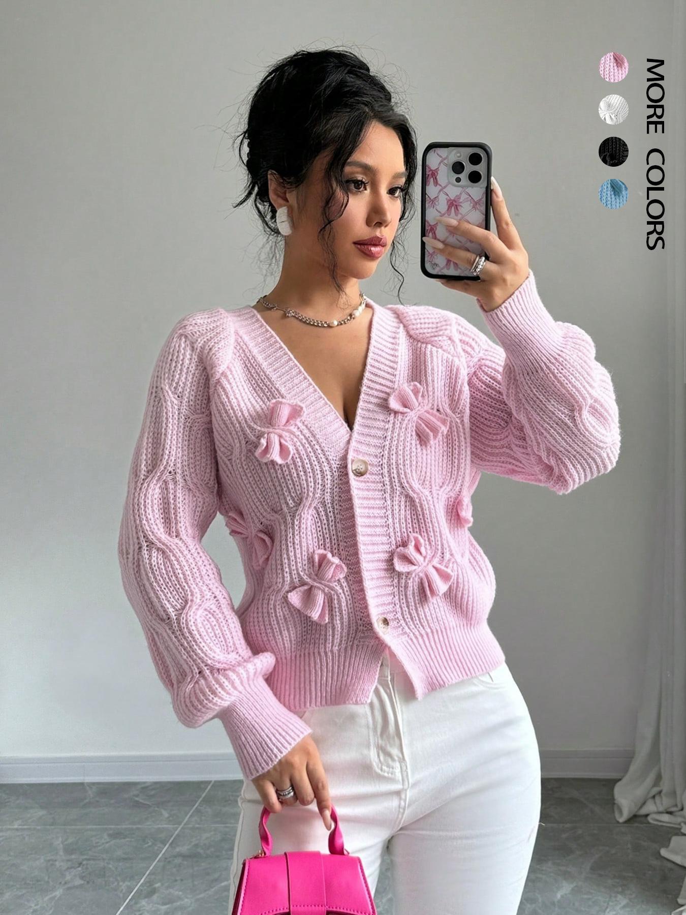 Women's Plain Bow Front Raglan Sleeve Sweater Cardigan, Casual Longsleeves Button Front Knitwear for Fall & Winter, Fashion Women's Knit Clothing for Daily Wear Valentine's Day, gift, Knitting