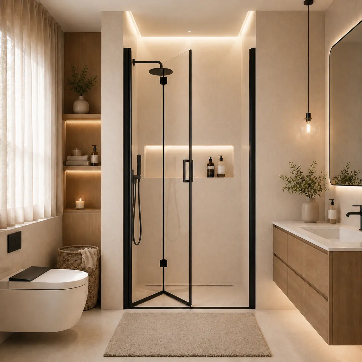 Semi-Frameless Folding Pivot Hinged Shower Door 34-35.2 in.W x 72 in.H,1/4" (6mm) Tempered Glass,Bathroom Bifold Panel, Reversible Installation,Matte Black