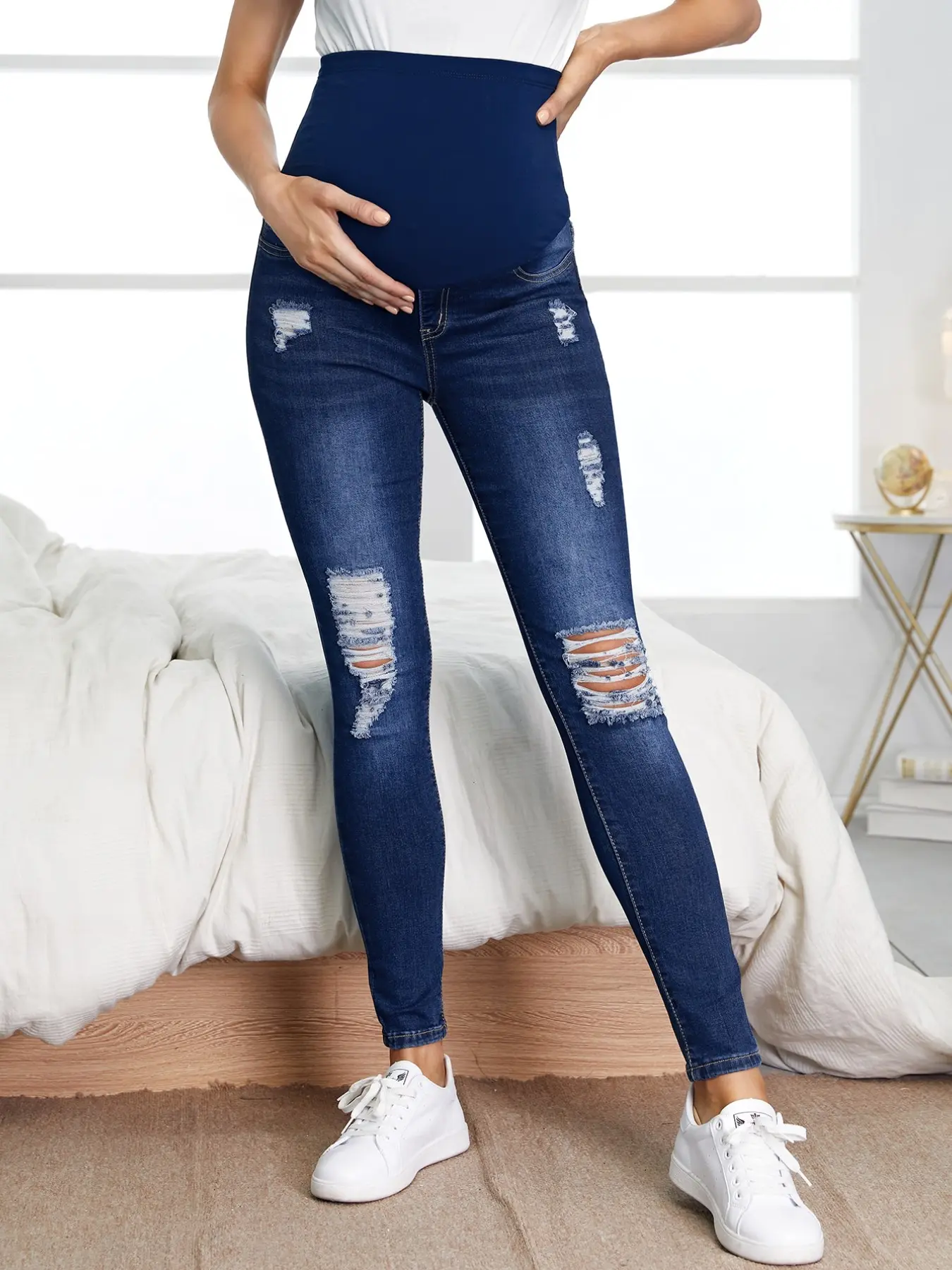 Blue Pregnant Ripped Jeans, Mid-Waist Elastic Waistband, Casual Loose Fit, Slimming Effect, Small Leg Pants, All Seasons