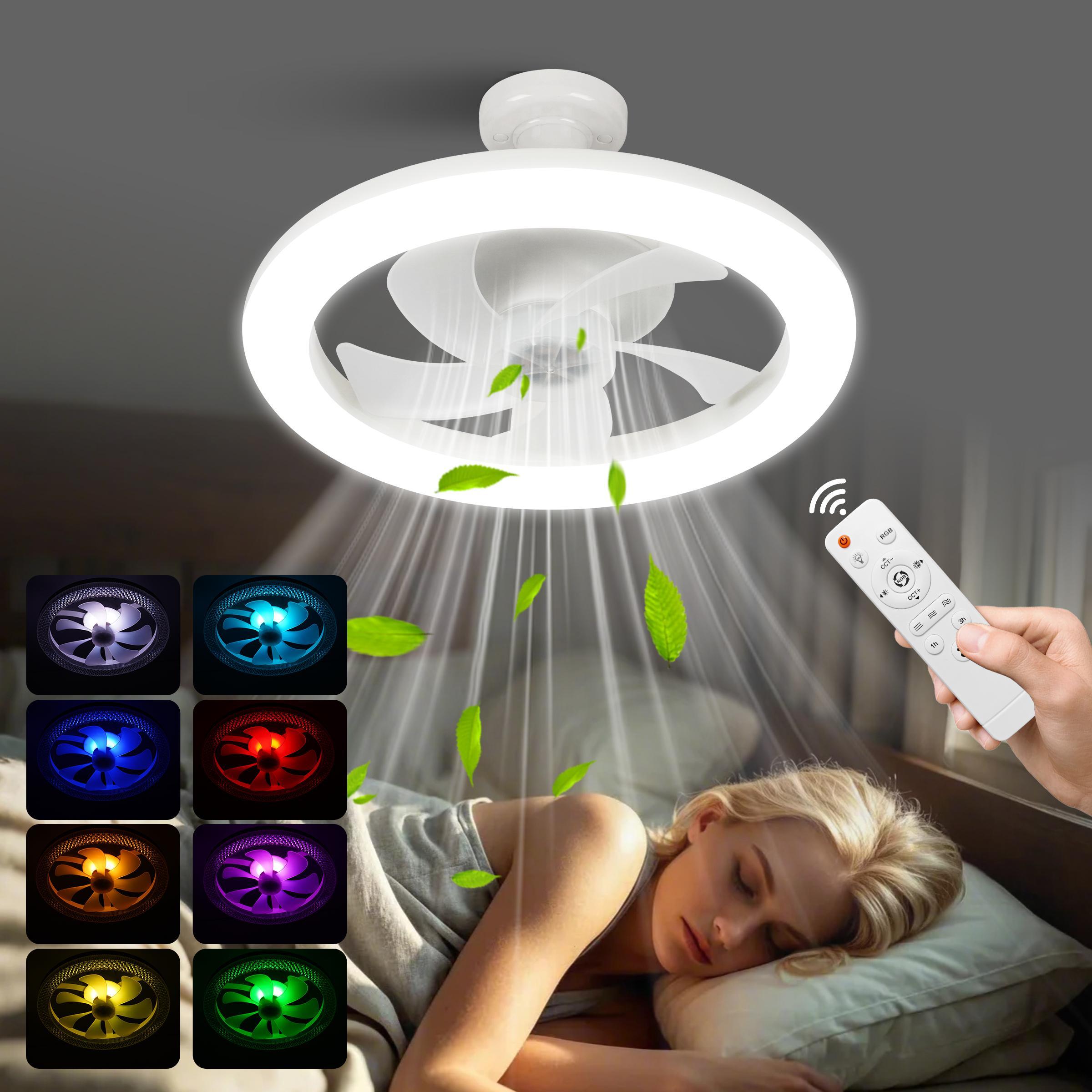 E27 Socket Fan Light with Remote Control, RGB Light Socket Fan Light, Unlimited Dimming, Lighting Modes Adjustable, Three-speed Wind Speed, Timeable Ceiling Fan Light for Small Rooms, Dimmable Ceiling Lights