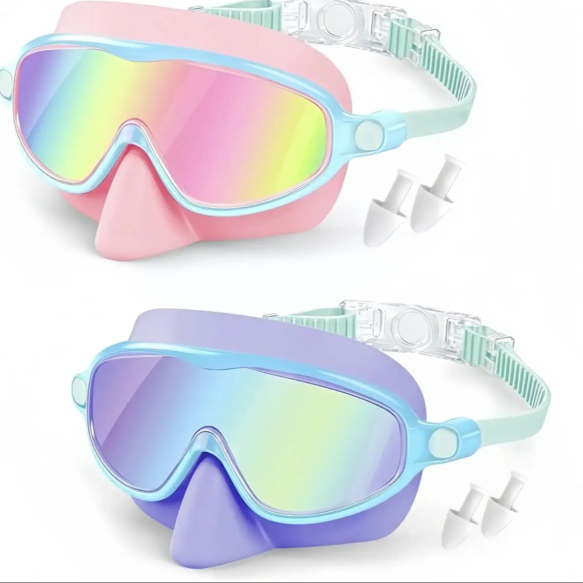 2 Pack Kids Swim Goggles with Nose Clip, Wide Vision Anti-Fog UV Protection, Suitable for Boys and Girls Ages 3-14, Swimming Mask, Water Goggles