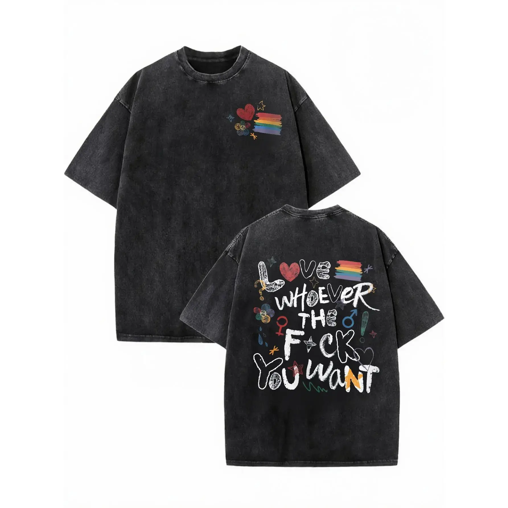 Love Whoever The Fck You Want Graphic Tee Vintage Wash Acid Wash Heavyweight Premium Cotton Tshirt Front And Back Print Streetwear Slogan T Shirt Women Short Sleeve Crewneck Top Best Gift Men Loose Casual Top Oversized