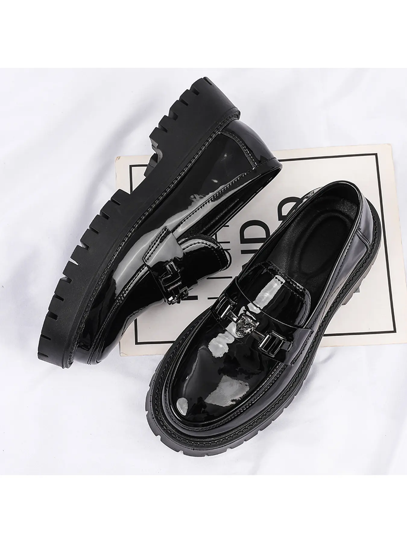 Unisex Black Patent Platform Loafers, Metal Ornament Chunky Slip On Shoes, Gothic Streetwear Casual Leather Footwear for Men & Women