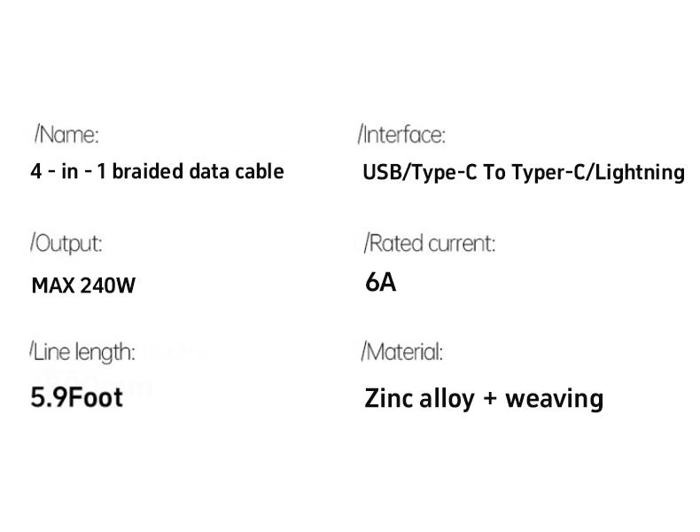 Navy Blue 4-in-1 Fast breathing Charging Cable for Apple Lightning & Android Type-C Devices Braided Wires Compatible with Mobile Phones Laptops Tablets Cellphone Charger 240w USB-C PD Long Cord Bend Resistant