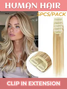 5-Piece Real Hair Clip-In Extensions, Straight Hair Clips, Unisex, Increases Volume and Length, Easy to Wear, Natural Look