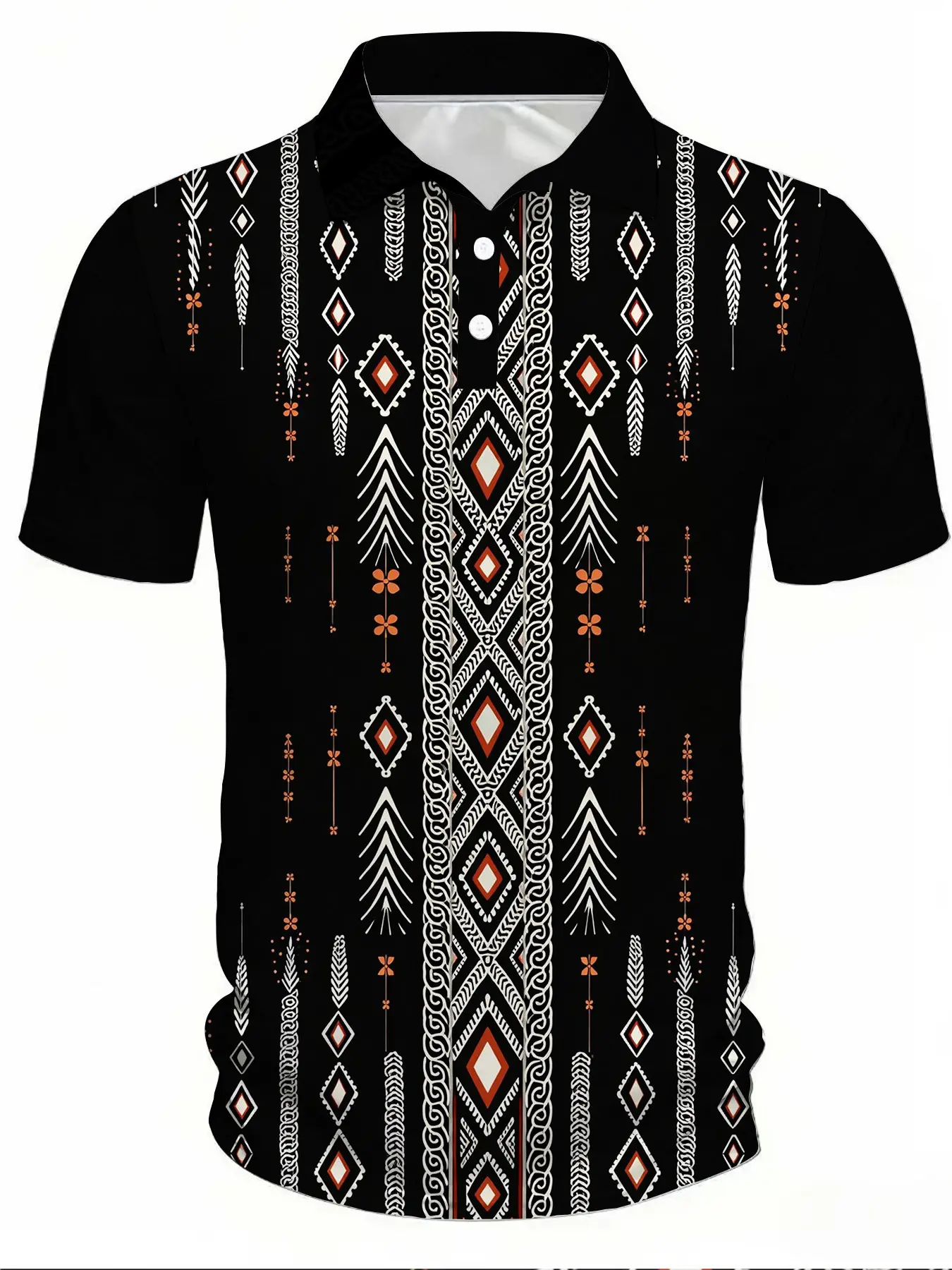 Men's Turn-down Collar Short Sleeve Casual Summer Polo Shirt with Black Background, Ethnic-style Diamond Feather Vertical Stripe Print