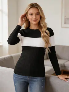 Women's Fall Winter Colorblock Knit Top, Long Sleeve Slim Fit Casual Fashion, Versatile European Style Pullover for Daily Wear