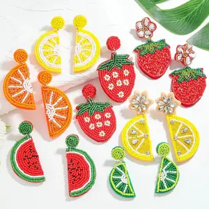 Handmade Bohemian Fruit Dangle Earrings For Women Fashion Cute Colorful Rice Beads Orange Watermelon Lemon Earring Jewelry Gift