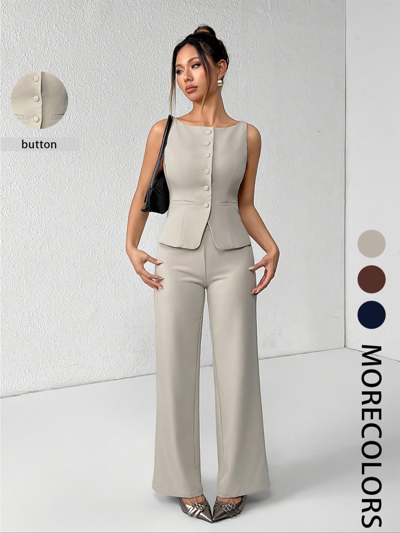 Women's Solid Button Front Sleeveless Tank Top & Wide Leg Pants Set, Casual Elegant Chic Minimalist Fashion Two-piece Set for Summer, Women's Clothing for Daily Wear, Suits, Office Siren Outfits, Casual Matching Set