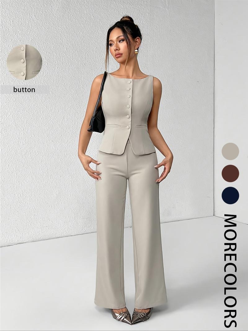 Women's Solid Button Front Tank Top & Wide Leg Pants Set, Casual Fashion Two-piece Set for Summer, Women's Clothing for Daily Wear, Suits, Office Siren Outfits