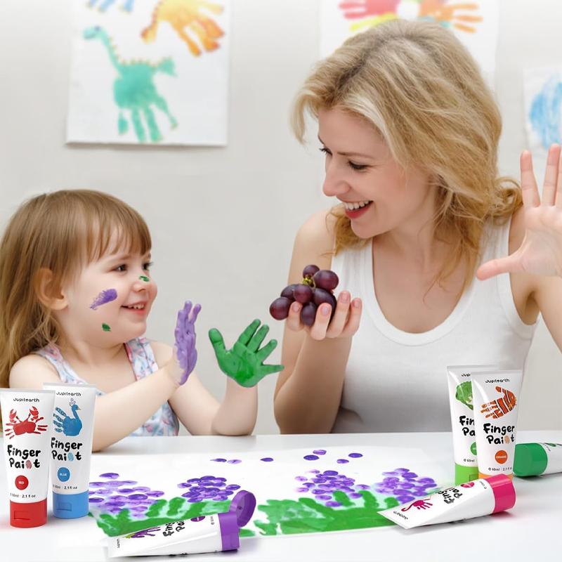 27 PCS Finger Paint, Washable Paint for Todllers 1-3, Non-Toxic 12 Vibrant Colors (2.1fl oz/60ml )(1.22fl oz/36ml ) , Palette, Apron, Brush, Eye Stickers, Baby Safe Paints for Hand and Feet, Safe Preschool for Kids Gift/Art/School Supplies, back to school
