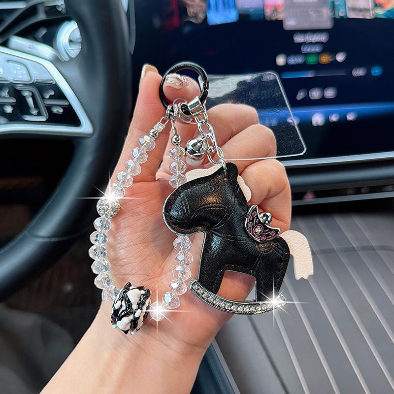 Viral Bling Leather Rocking Horse Keychain, Cute Rhinestone Pony Bag Charm, Luxury Car Key Ring Accessory for Women
