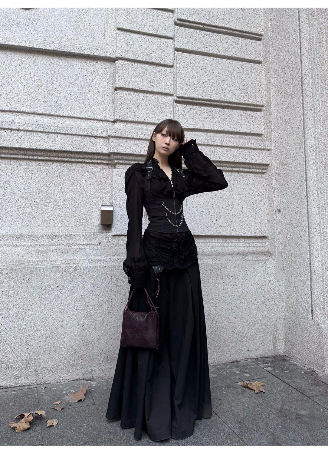 Autumn Gothic Spicy Girl Elegant Shirts Women  Zipper Design Vest + Retro Harajuku Blouse Female Chic Korean Popular Clothes