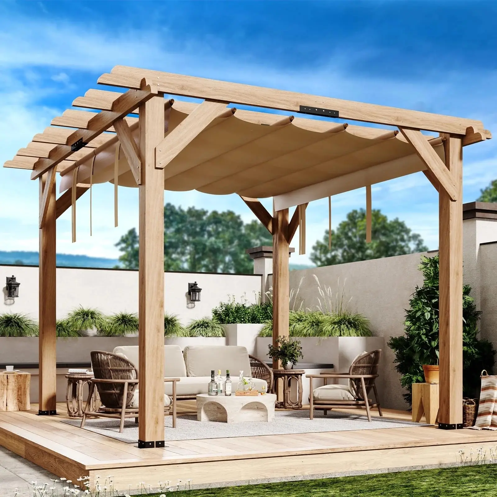 10x10 Cedar Pergola with Retractable Canopy - Weather Resistant, Rot-Proof Wood Patio Shade for Deck & Garden