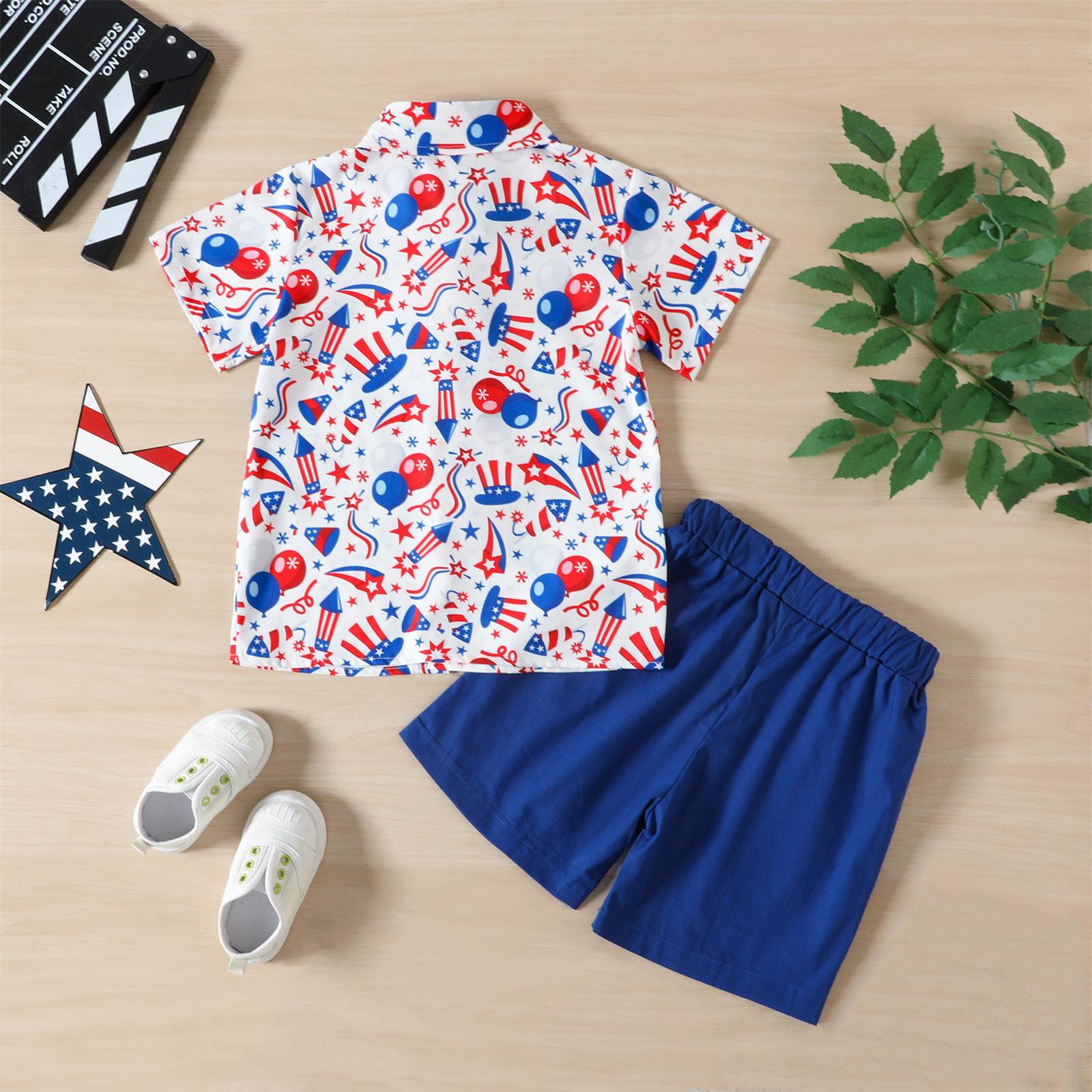 Toddler Baby Boy 4th of July Summer Outfit US Flag/Hat Print Short Sleeve Button Down Shirt and Blue Casual Shorts Set Patriotic Clothes