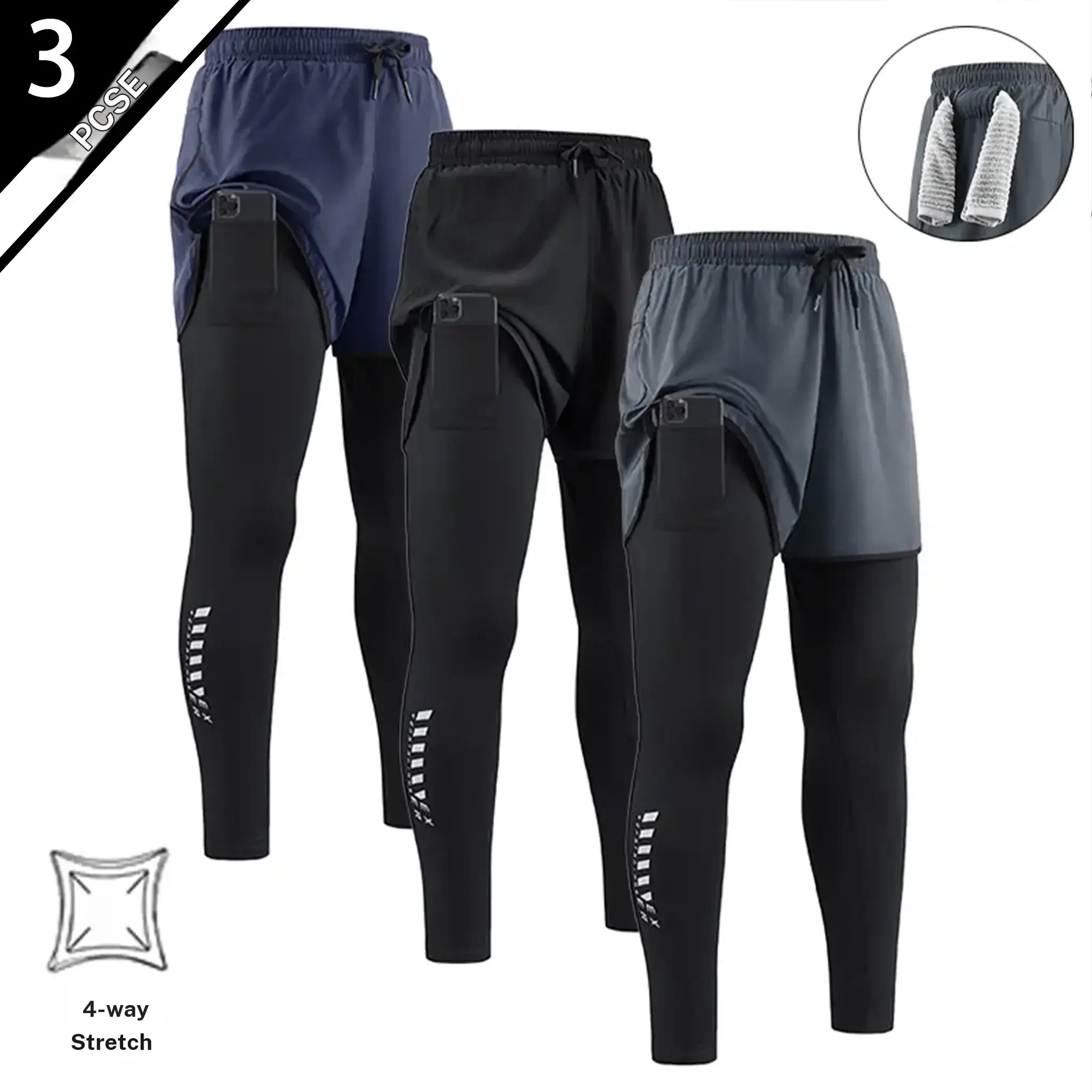 3PCS Men’s Quick Dry, Breathable, Stretchy Running Pants, 2 in 1 Design with Elastic Waistband, Built In Phone Pocket and Towel Loop, Suitable for All Seasons Comfortable Fit, Not Tight Essential for Running and Fitness, Athleisure, Three Pack,summe