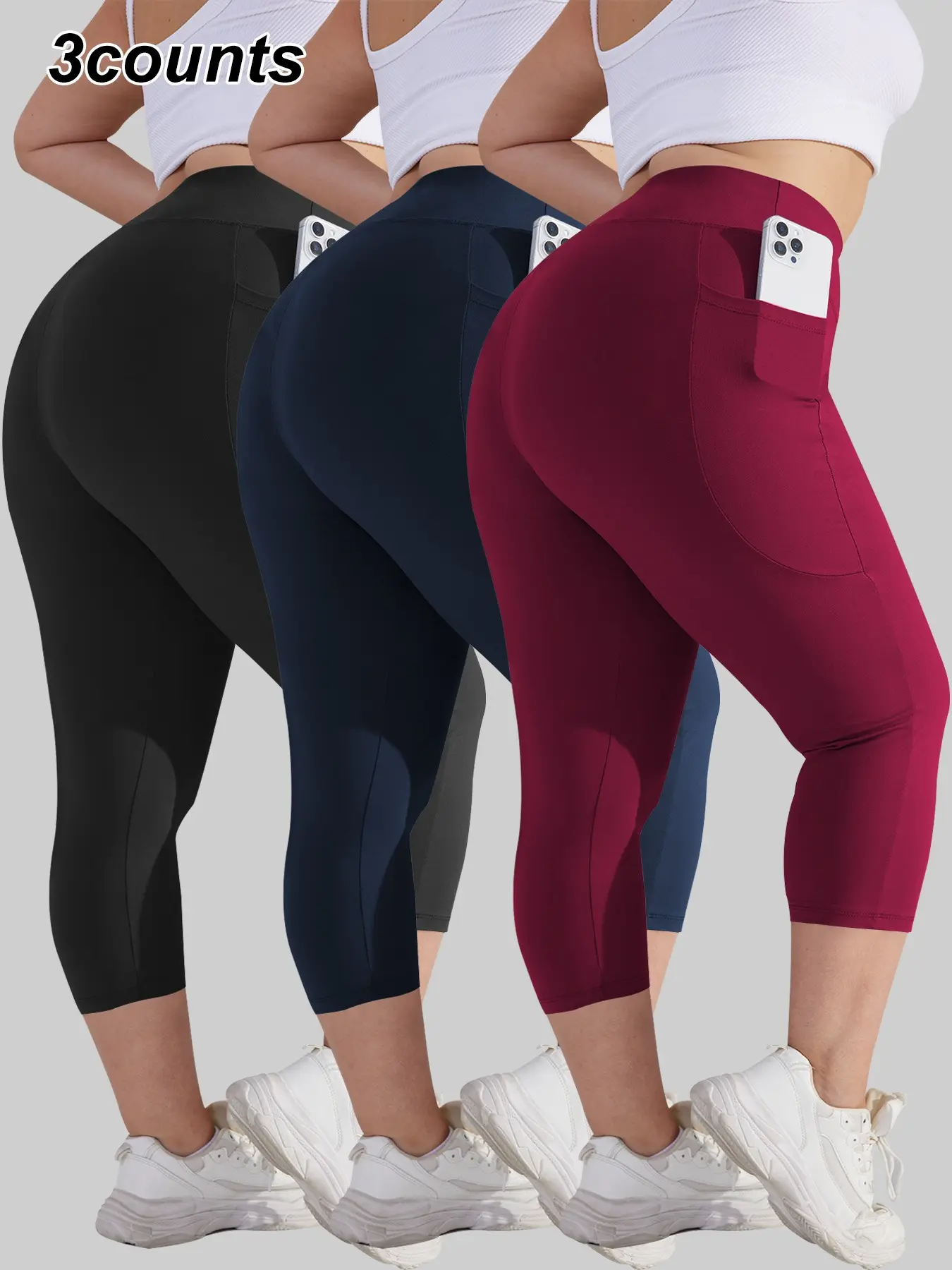 Three-Piece Women's Plus Size High-Waisted Slim Fit Capri Pants, Casual High-Waisted Fashion Comfortable Yoga Pants, Crescent Pocket Design Workout Capris