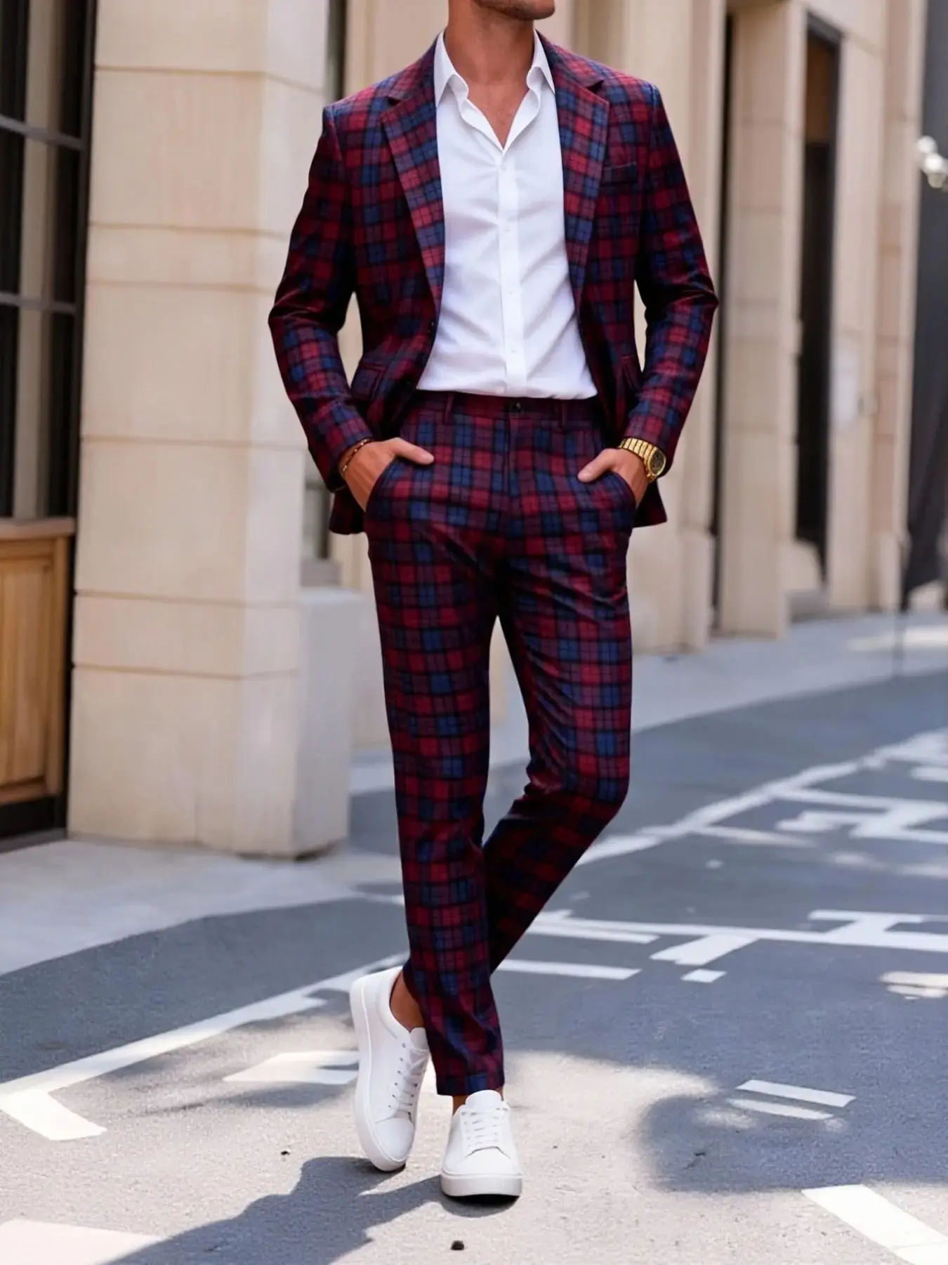 Men's Fashion Tartan Blazer Two-Piece Set, Single Button Suit Jacket and Long Pants, Formal Occasions, Parties, Men's Suits
