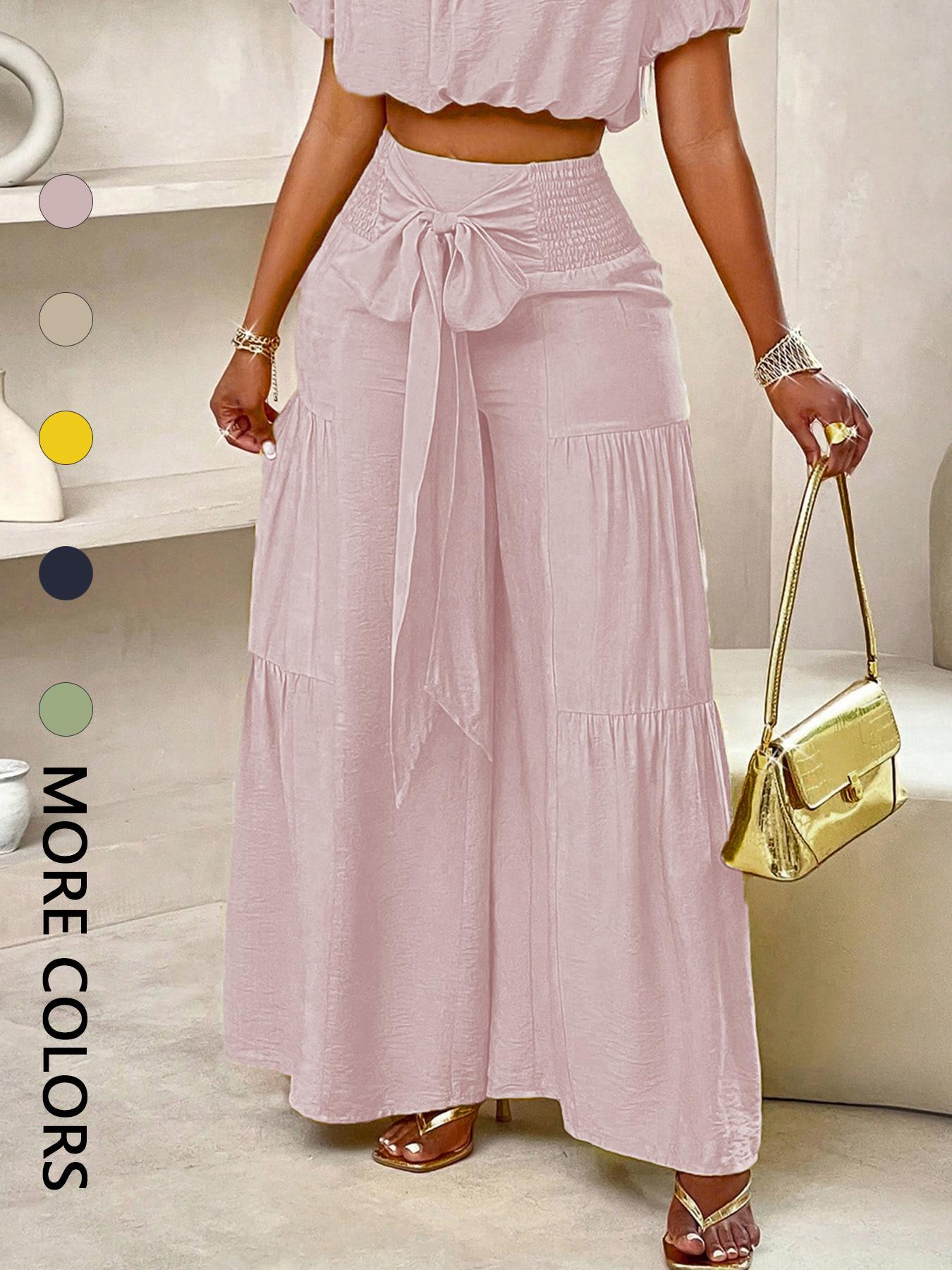 Women's Solid Color Flowy Wide Leg Pants, Casual Fashion Knot Front Trousers for Daily Wear, Ladies Bottoms for Summer