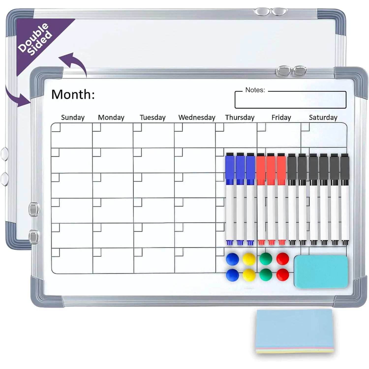 WhiteBoard Calendar Dry Erase Board,  Side Vision Board for Wall, Dry Erase Calendar Planner for Moms, Complete Set Monthly Planning Boards with Movable Hooks, Memo, Pens & Eraser (16x12)