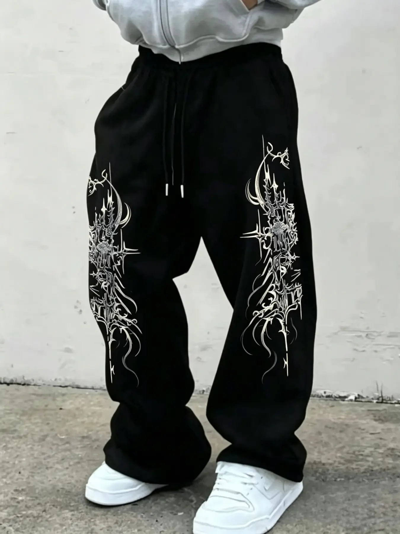 Men's Gothic Thorn Cross Print Drawstring Wide Leg Sweatpants, American Subculture Streetwear, Loose Fit, Casual Fashion Pants