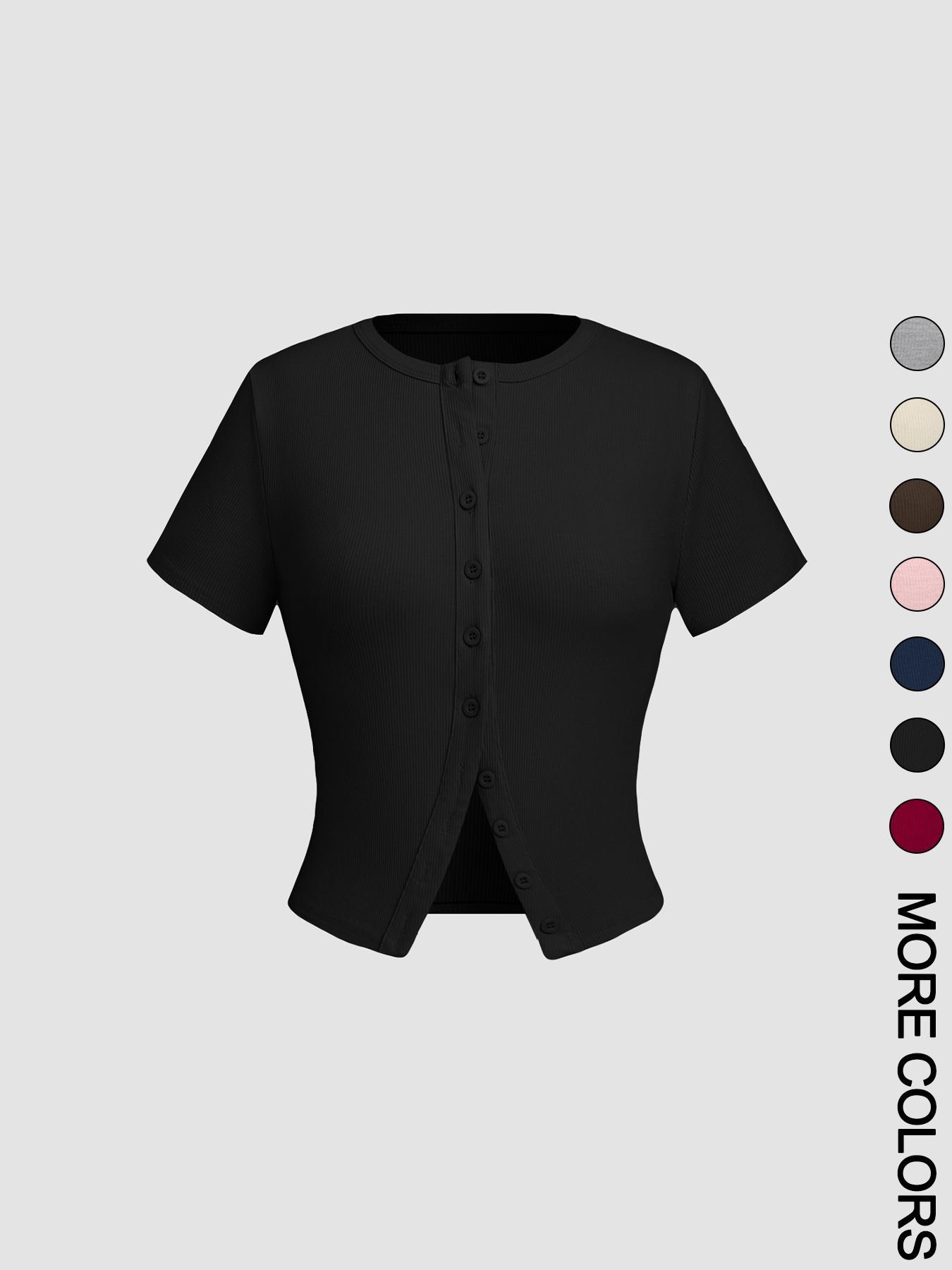 Women's Plain Button Front Crop Tee, Casual Short Sleeve T-shirt for Daily Wear, Ladies Clothes for All Seasons, Womenswear