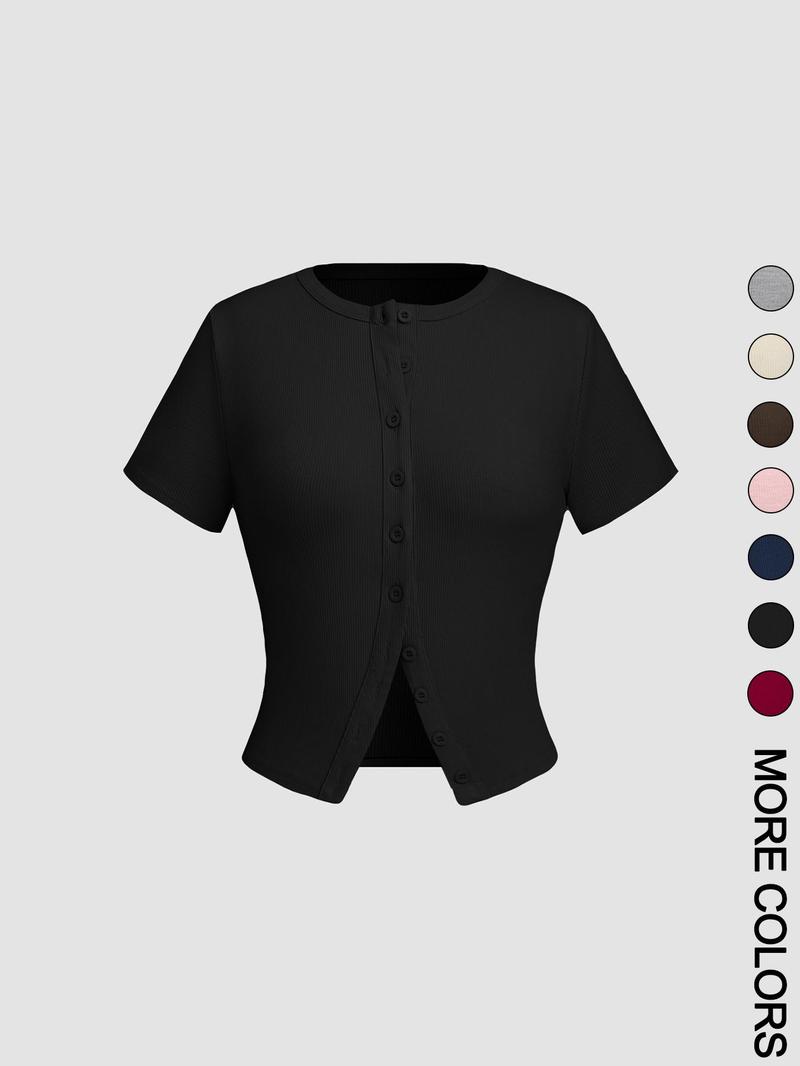 Women's Plain Button Front Crop Tee, Casual Short Sleeve T-shirt for Daily Wear, Ladies Clothes for All Seasons, Womenswear