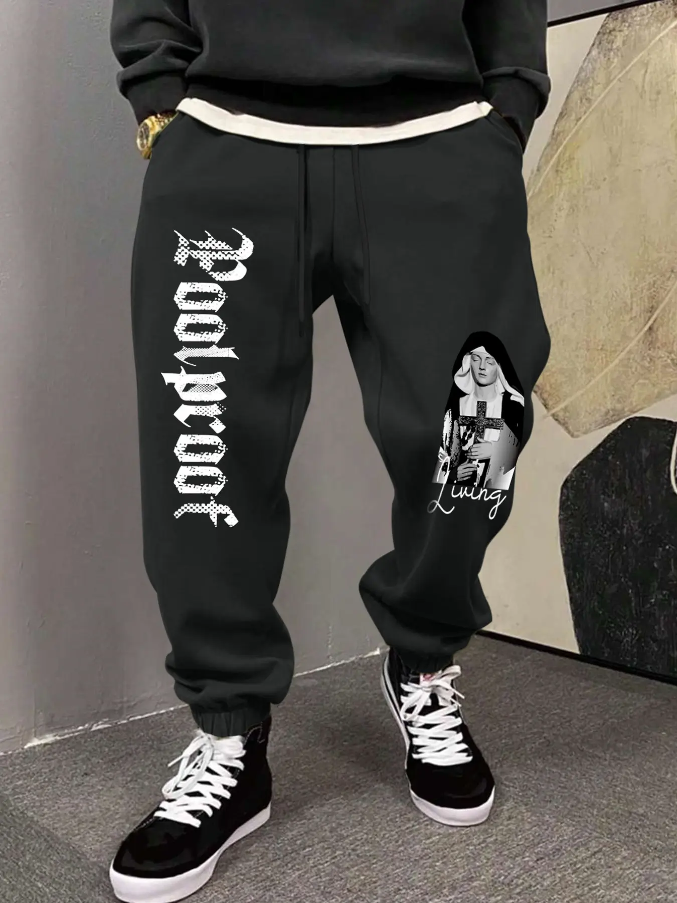 Large Size Men's Sweatpants, Gothic Portrait Print, Street Style, Mid Waist, Drawstring, Four-Seasons Wear, Casual Sports Pants, Casual Athletic Trousers