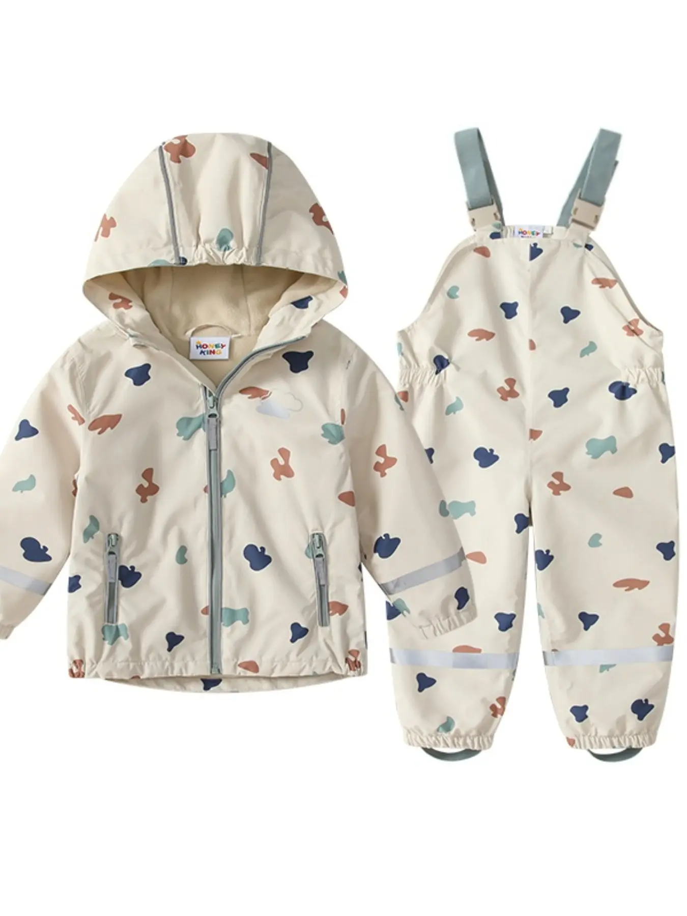 2-Piece Set Geometric Hooded Jacket + Rain Pants, Waterproof Windproof, Spring Fall Kids Outdoor Casual Sports